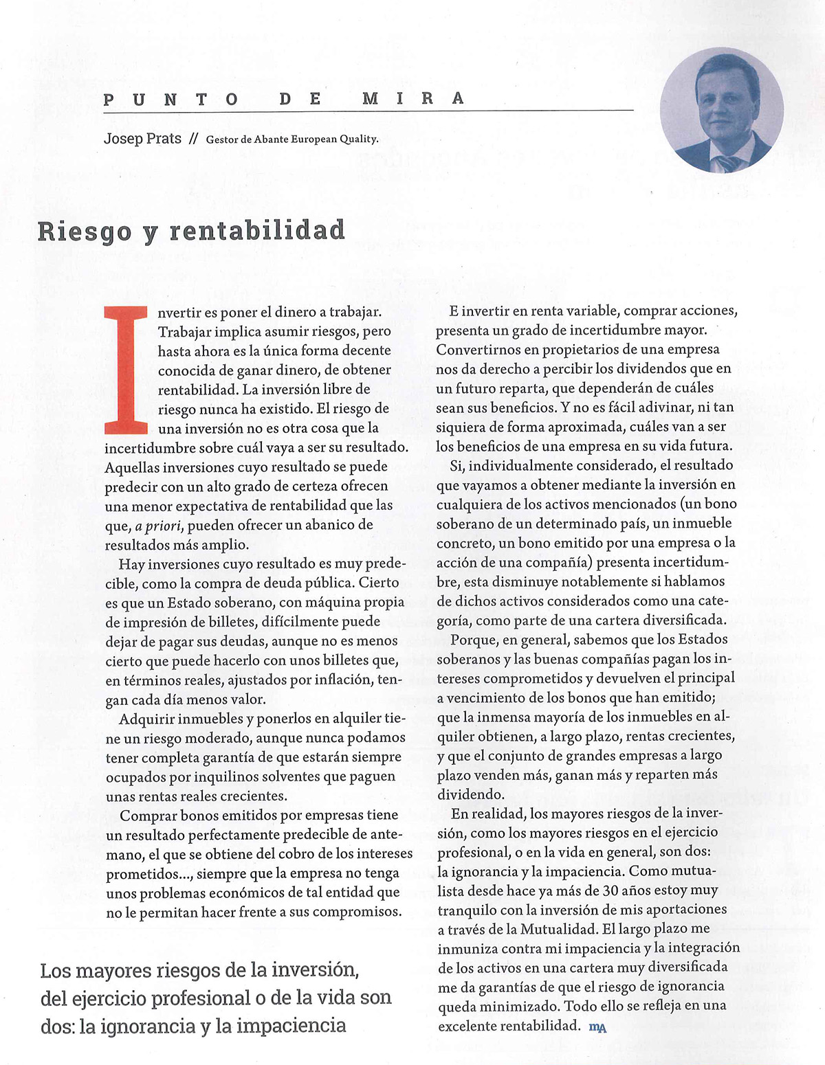 Revista de la Mutualidad de la Abogacia Prats Riesgo y Rentabilidad Revista de la Mutualidad de la Abogacia Prats Riesgo y Rentabilidad