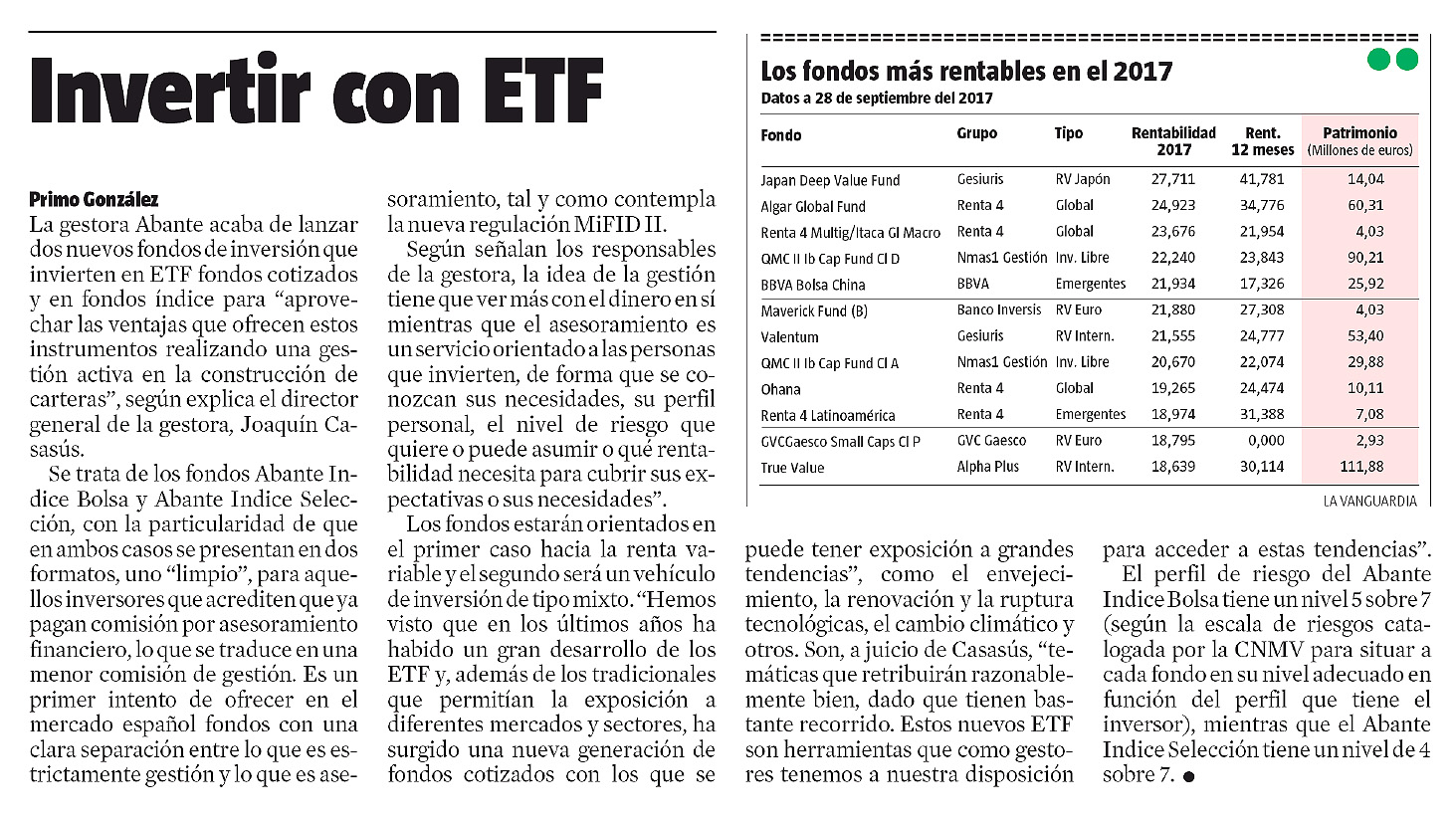 20171001 La Vanguardia Joaquín Casasús fondos abante índice 20171001 La Vanguardia Joaquín Casasús fondos abante índice