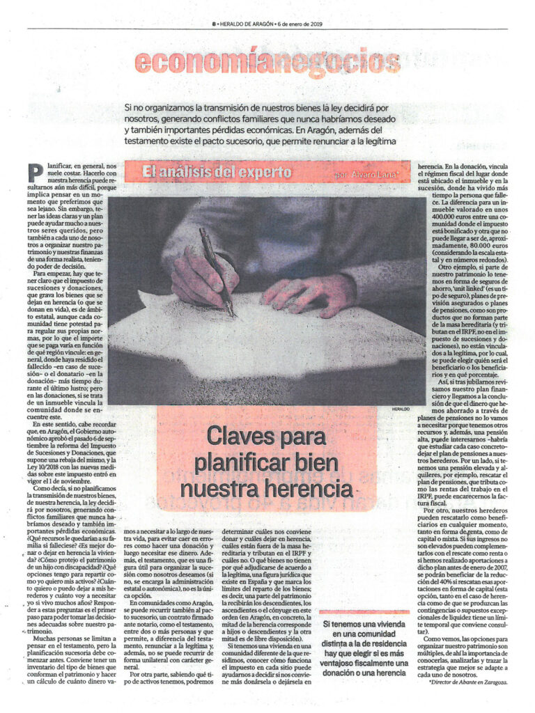 Álvaro Lana Heraldo de Aragón Claves para planificar bien nuestra herencia KM_C224e-20190109101630