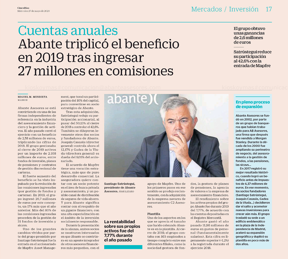 CINCO DÍAS ABANTE TRIPLICÓ EL BENEFICIO EN 2019